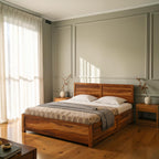 Homecrest Norbury solid wood platform bed with a horizontal slatted headboard in a modern bedroom setting.