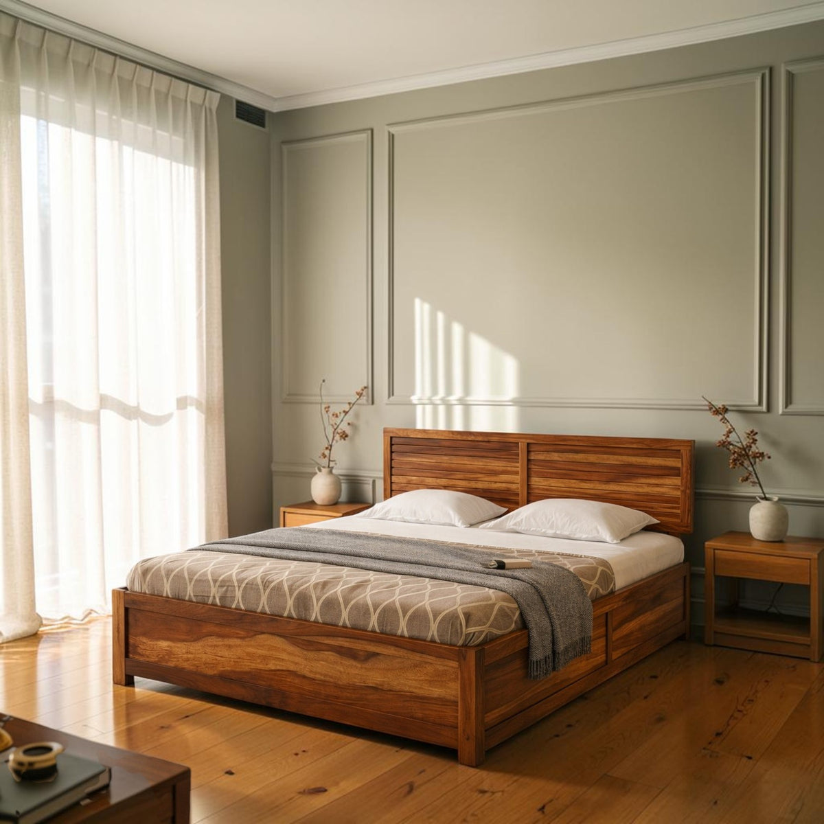 Homecrest Norbury solid wood platform bed with a horizontal slatted headboard in a modern bedroom setting.