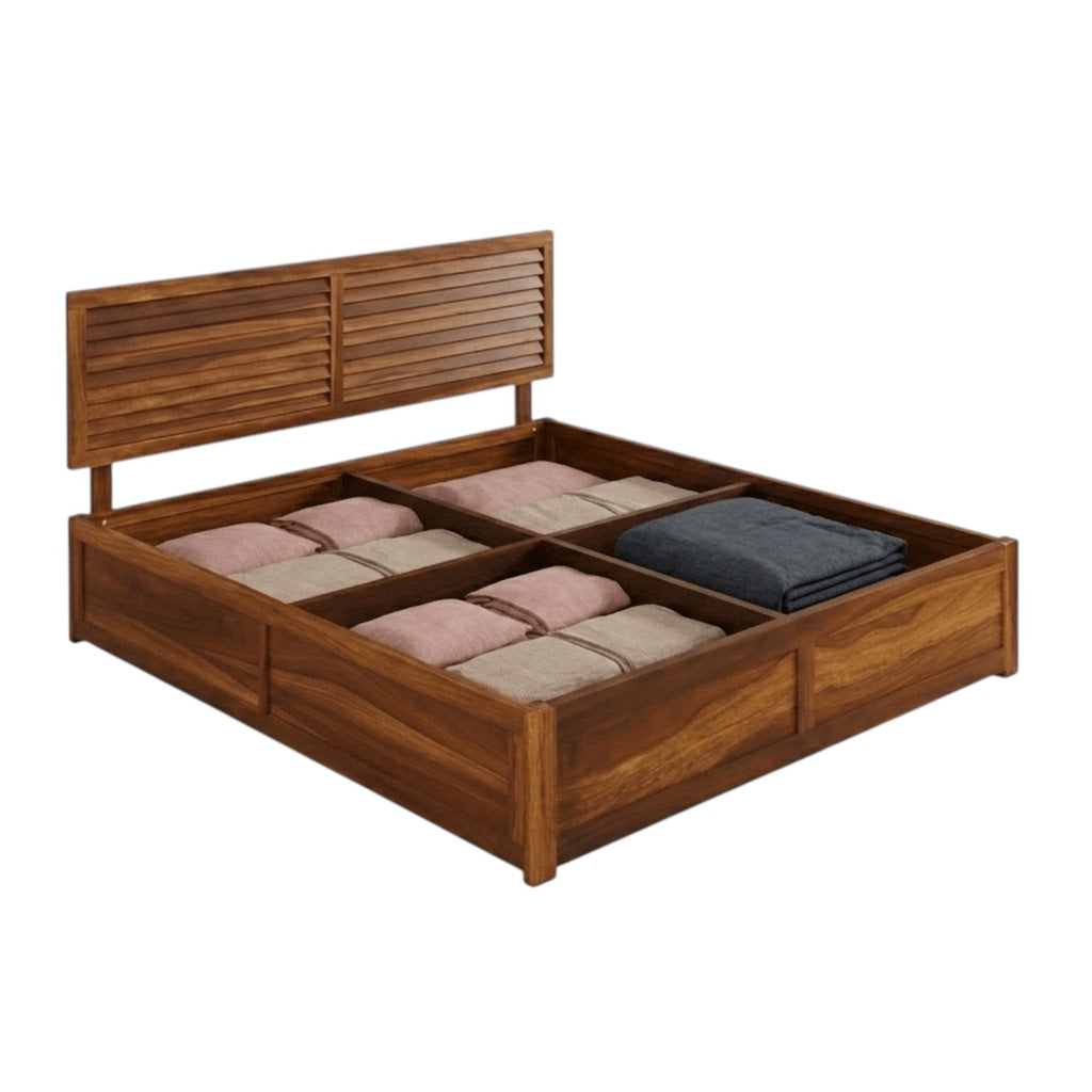 Homecrest Norbury solid wood platform bed with a horizontal slatted headboard and open under-bed storage compartments.
