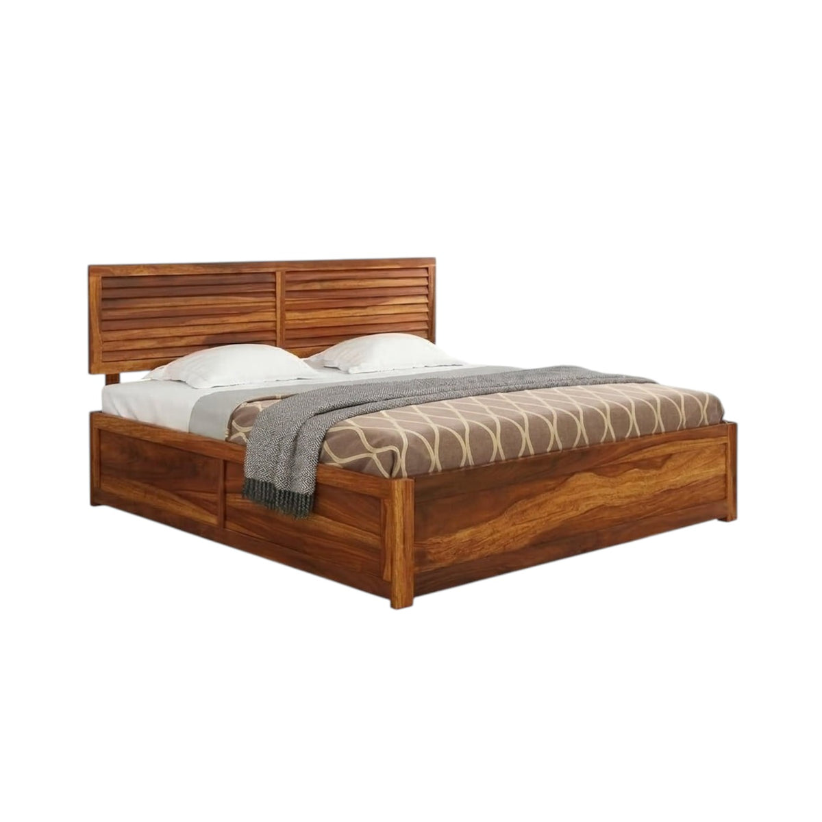 Homecrest Norbury solid wood platform bed featuring a horizontal slatted headboard and natural wood grain finish.