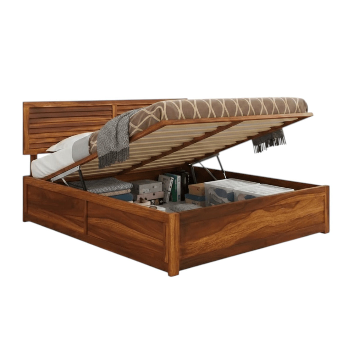 Homecrest Norbury solid wood platform bed with a horizontal slatted headboard and hydraulic lift storage mechanism.