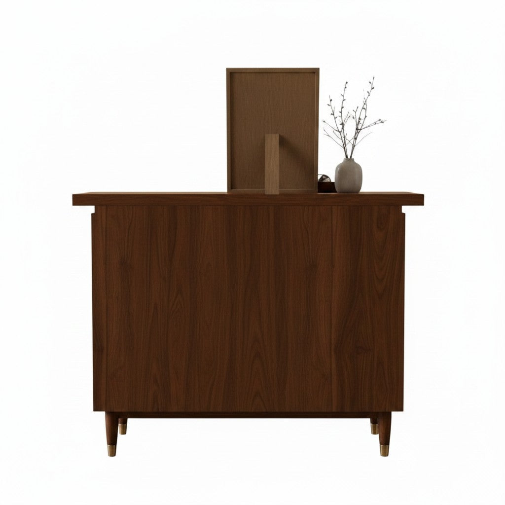 Homecrest Sennen solid Sheesham wood chest of drawers with a honey finish, viewed from the back.