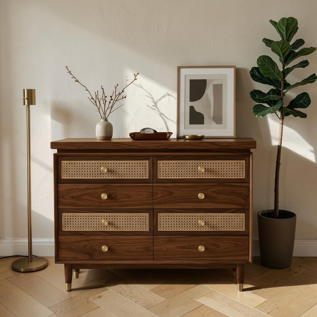 Homecrest Sennen solid Sheesham wood chest of drawers with honey finish, rattan drawer fronts, and brass knobs.