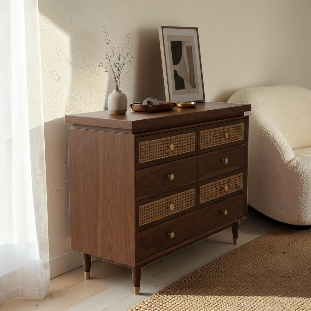 Homecrest Sennen solid sheesham wood chest of drawers with honey finish, rattan drawer fronts, and brass knobs.