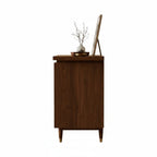 Homecrest Sennen solid Sheesham wood chest of drawers in honey finish, side view showing tapered legs with gold accents.