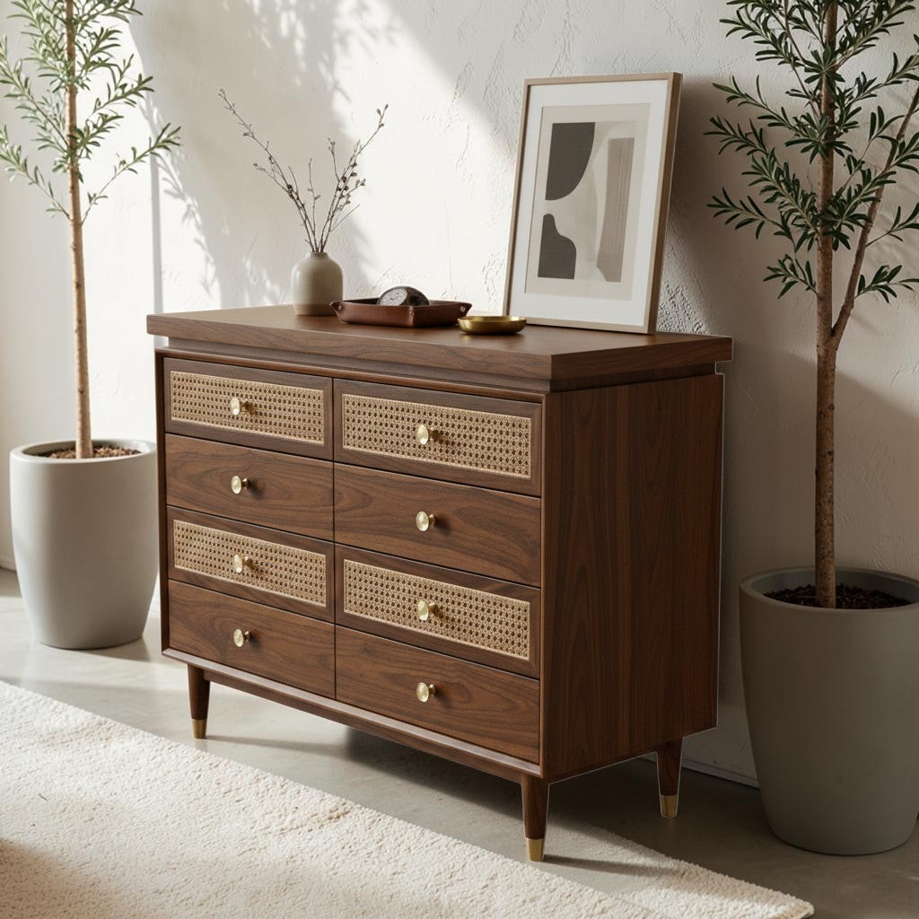 Homecrest Sennen solid Sheesham wood chest of drawers with honey finish, rattan drawer fronts, and brass hardware.