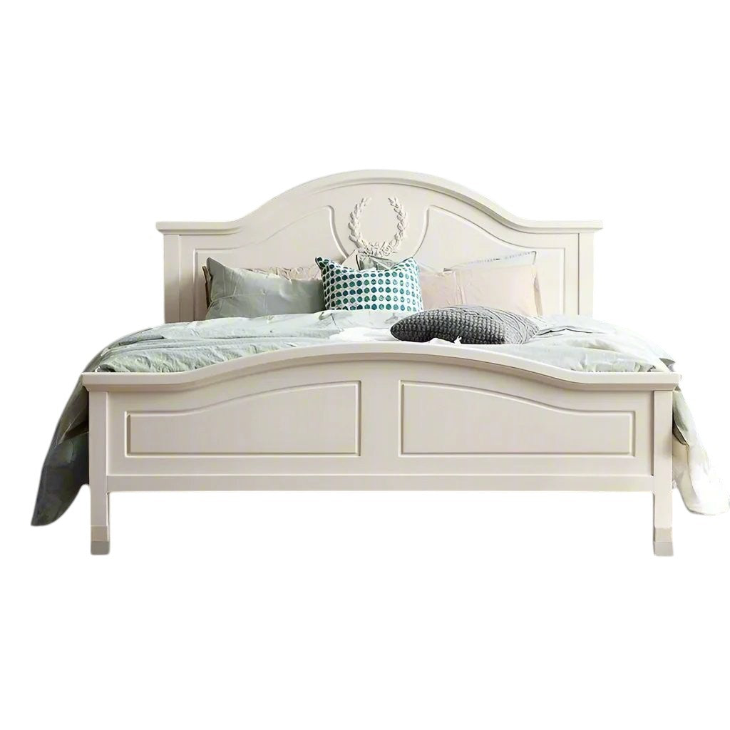 Homecrest luxury standard bed in light beige PU finish with a curved headboard and carved wreath detail.