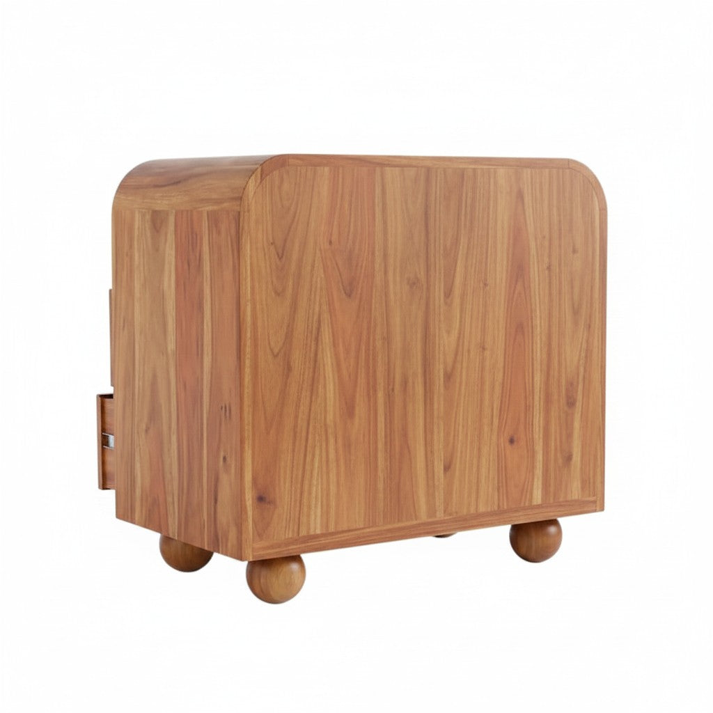 Homecrest Brisley brown acacia wood 3-drawer chest with rounded edges and spherical feet, side view