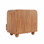 Homecrest Brisley brown acacia wood 3-drawer chest with rounded edges and spherical feet, side view