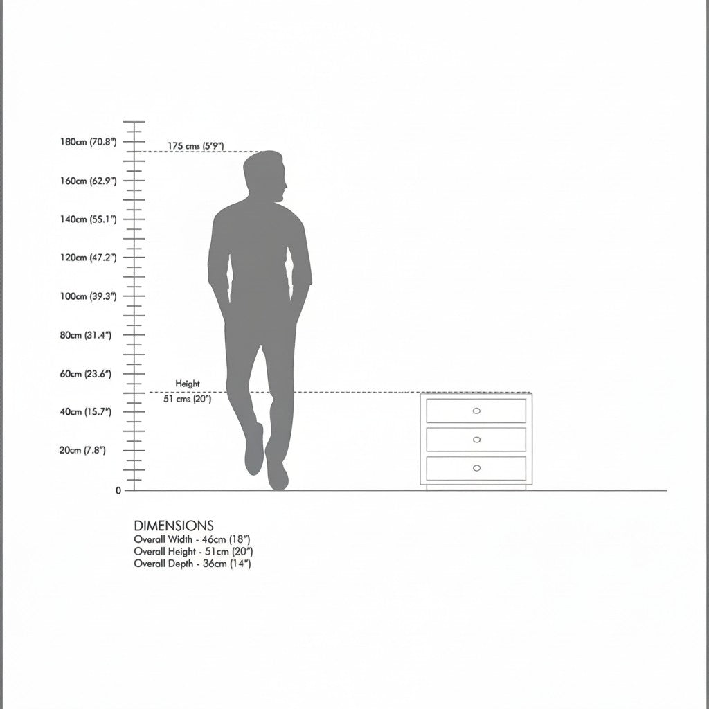Homecrest Mersham bedside table dimension diagram showing height, width, and depth with a human scale reference