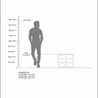 Homecrest Mersham bedside table dimension diagram showing height, width, and depth with a human scale reference