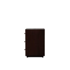 Homecrest Mersham bedside table in dark stained solid hardwood with three drawers and minimalist brass knobs