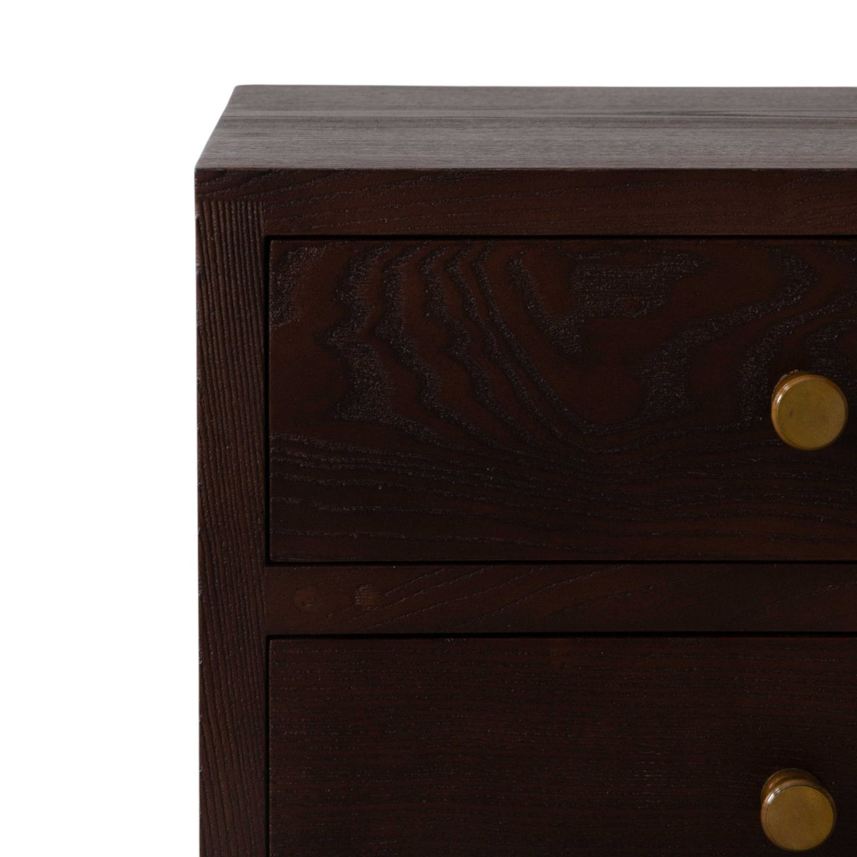 Homecrest Mersham bedside table in dark solid hardwood with two drawers and round brass knobs