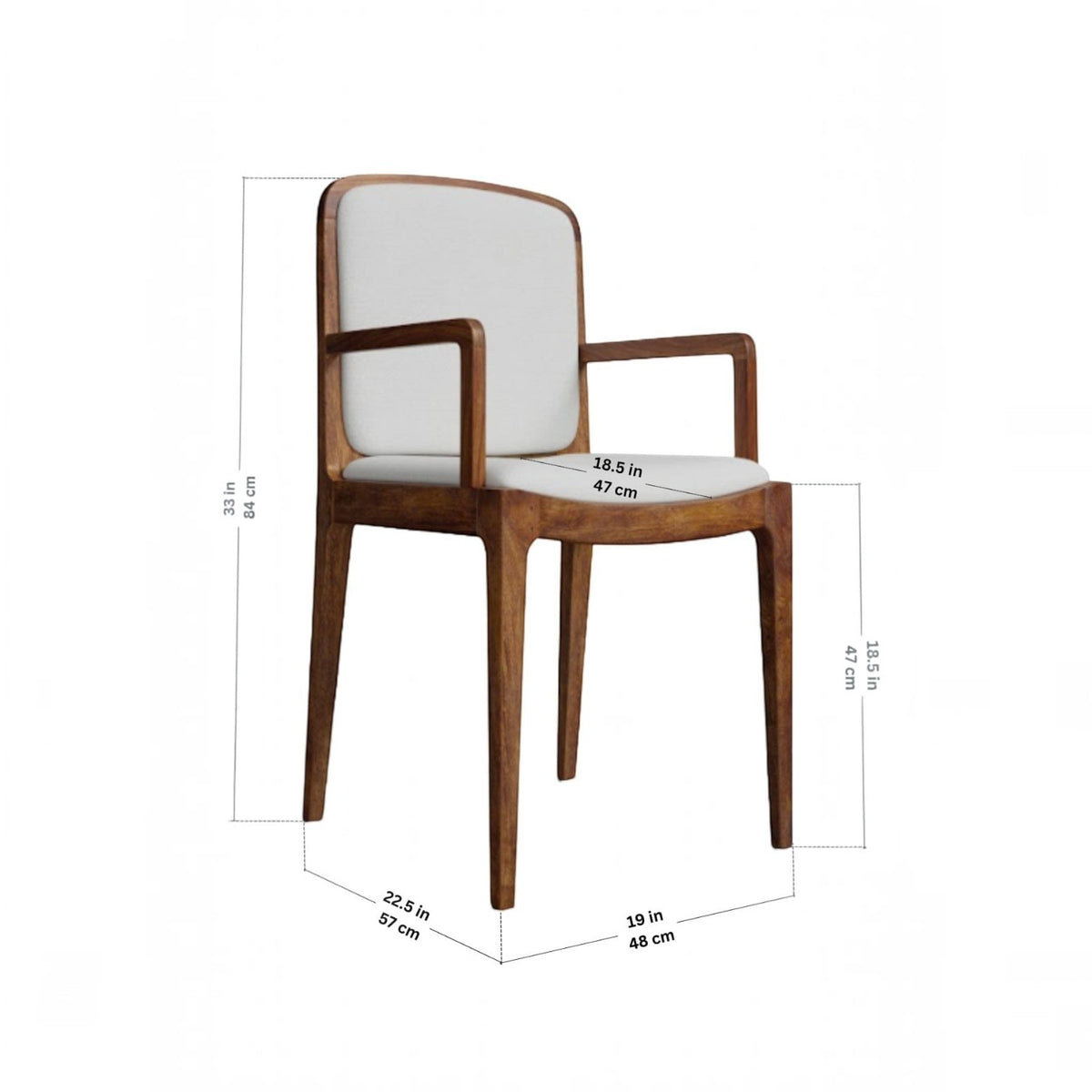 Homecrest Melbury teak wood dining chair with arms, featuring a natural wood finish and white upholstered seat.