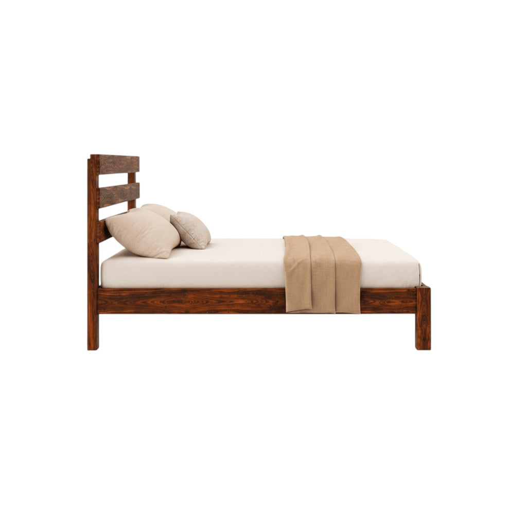 Homecrest Hadley solid Sheesham wood bed with triple slat headboard and dark teak finish, side view