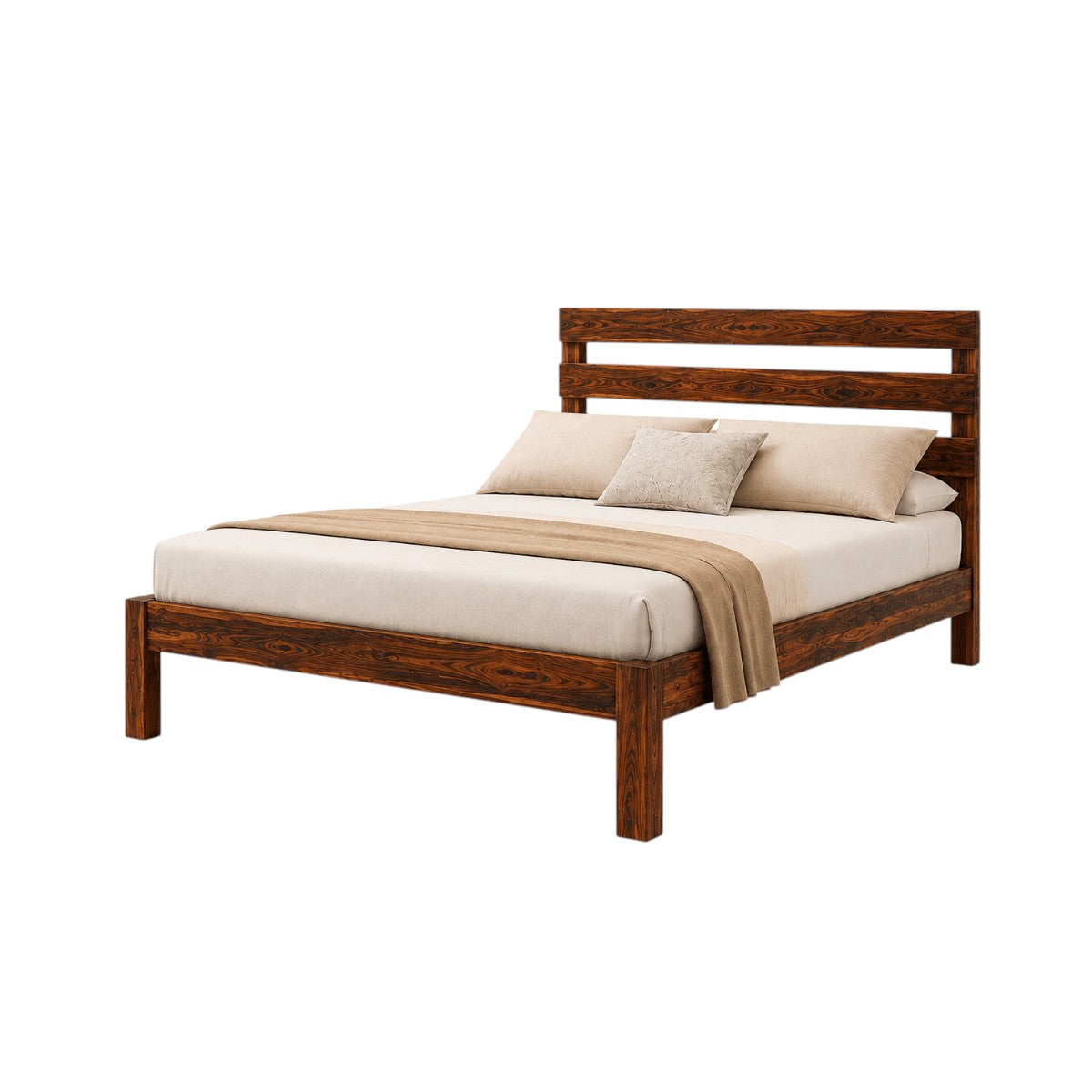 Homecrest Hadley solid Sheesham wood bed featuring a triple slat headboard and chunky square legs in a dark finish.