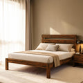 Homecrest Hadley solid Sheesham wood bed with a triple slat headboard and chunky block legs in a warm wood finish.