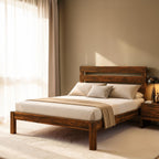 Homecrest Hadley solid Sheesham wood bed with a triple slat headboard and chunky block legs in a warm wood finish.