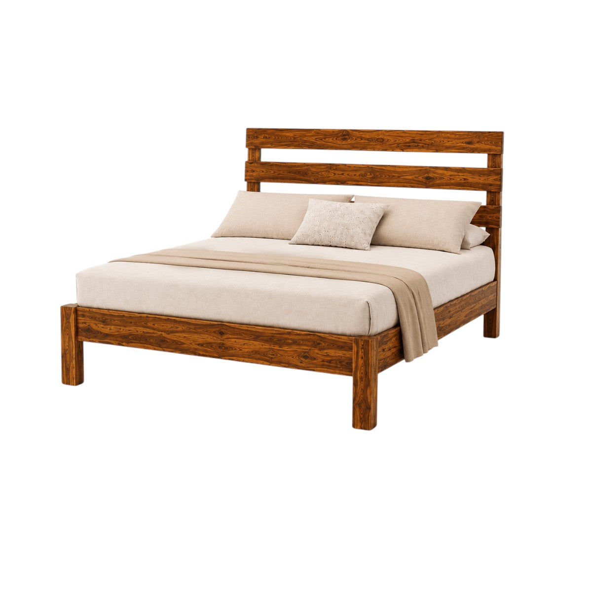 Homecrest Hadley solid Sheesham wood bed featuring a triple slat headboard and chunky square block legs.