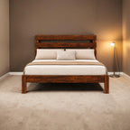 Homecrest Hadley solid Sheesham wood bed featuring a triple slat headboard and chunky block legs in a dark finish.