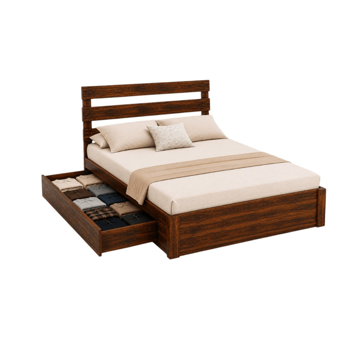 Homecrest Hadley solid Sheesham wood bed with triple slat headboard and pull-out storage drawer in dark wood finish
