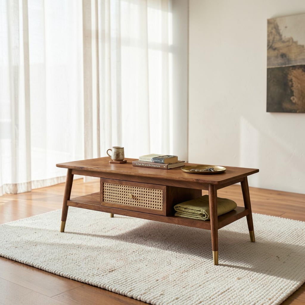 Homecrest Marlowe rectangular coffee table in natural wood with a woven cane drawer, lower shelf, and brass-capped legs