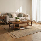 Homecrest Marlowe rectangular coffee table in solid wood with a woven cane drawer, open shelf, and brass-capped legs.