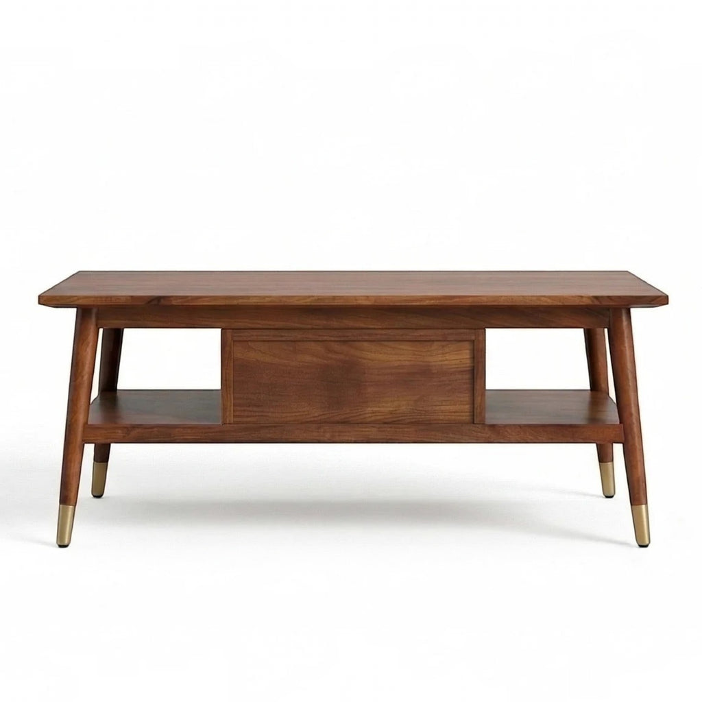 Homecrest Marlowe rectangular coffee table in natural solid wood with a cane drawer, open shelf, and brass leg caps.