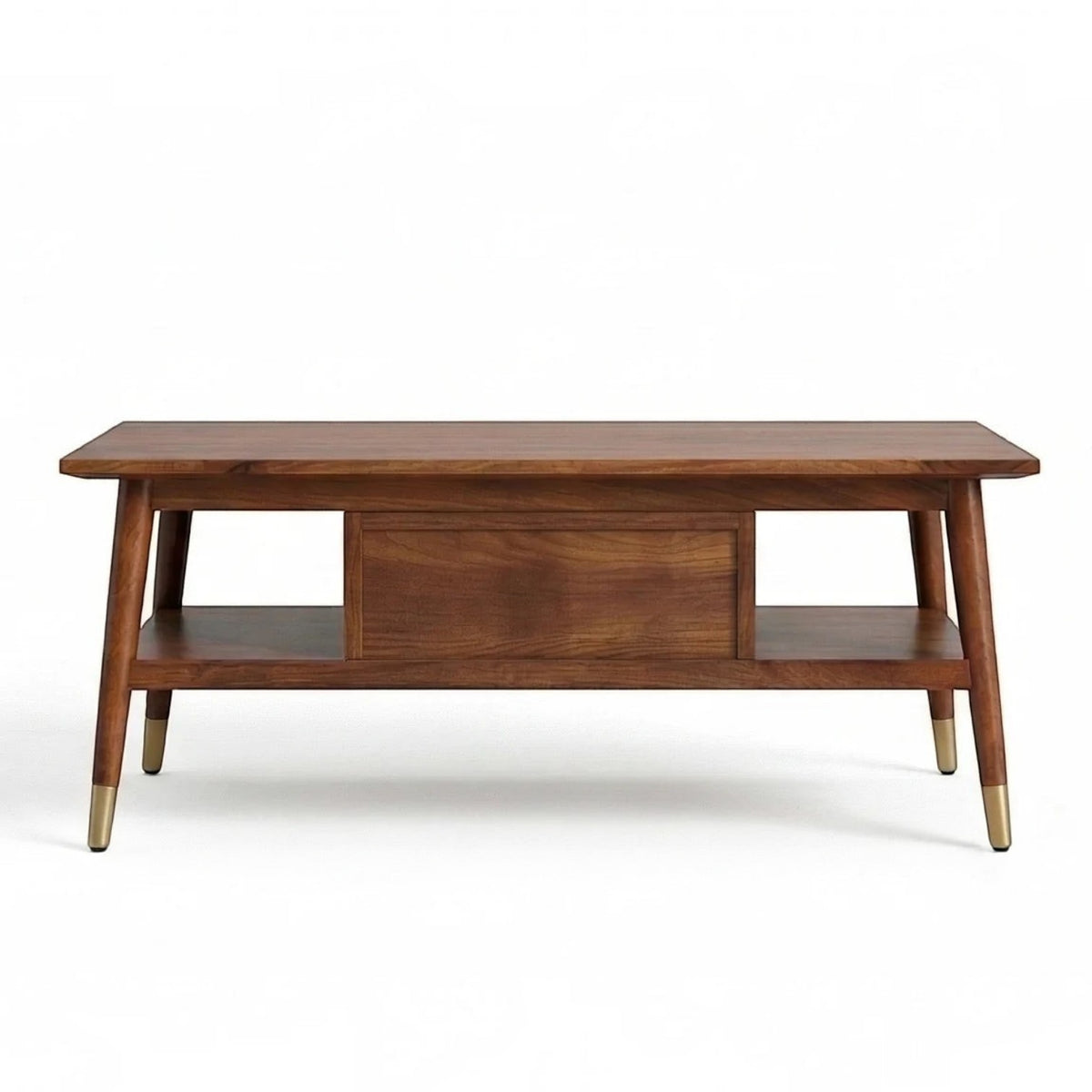 Homecrest Marlowe rectangular coffee table in natural solid wood with a cane drawer, open shelf, and brass leg caps.
