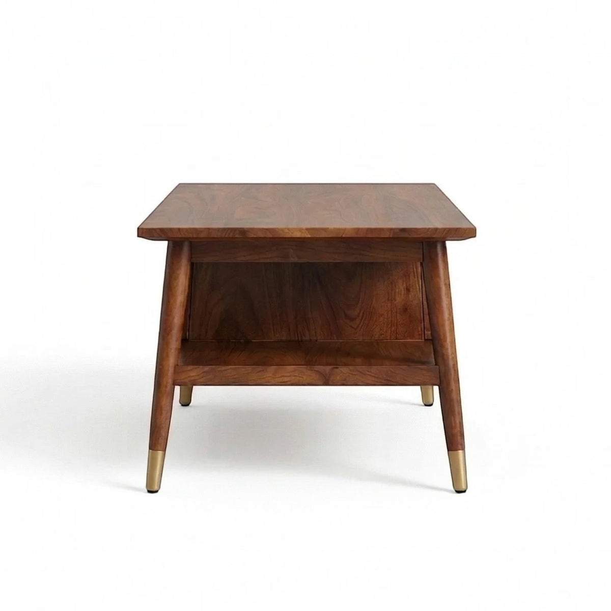 Homecrest Marlowe mid-century modern coffee table in natural solid wood with angled legs and brass caps