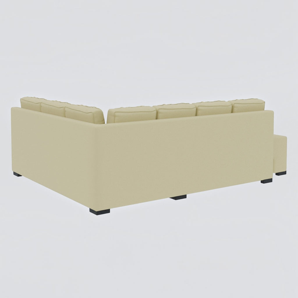 Homecrest Merrow L-shape sofa cum bed in beige velvet with a solid wood frame, shown from the back view.