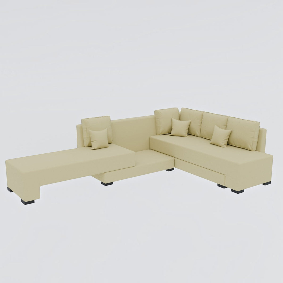 Homecrest Merrow beige velvet L-shape sofa cum bed with a lounger and matching throw pillows on a white background