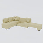 Homecrest Merrow beige velvet L-shape sofa bed with a lounger and matching cushions on a solid wood frame