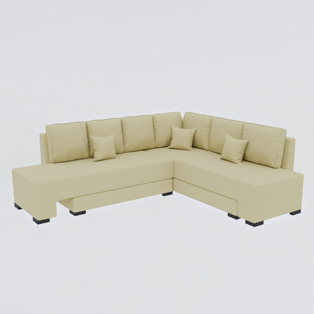 Homecrest Merrow beige velvet L-shape sofa bed with a lounger and matching throw pillows on a white background.