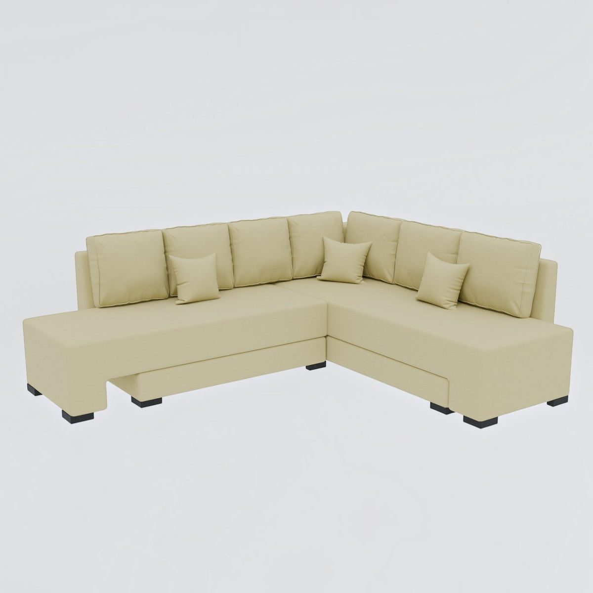 Homecrest Merrow beige velvet L-shape sofa bed with a lounger and matching throw pillows on a white background.