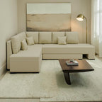 Homecrest Merrow beige velvet L-shape sofa bed with a solid wood frame in a modern living room setting.