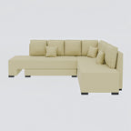 Homecrest Merrow L-shape sofa bed in beige velvet with a solid wood frame and matching scatter cushions.