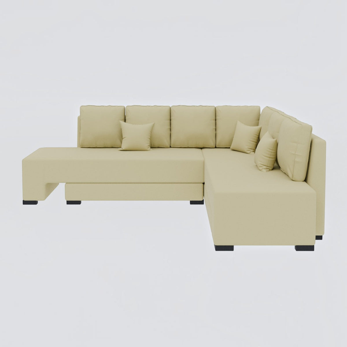 Homecrest Merrow L-shape sofa bed in beige velvet with a solid wood frame and matching scatter cushions.