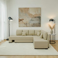 Homecrest Merrow L-shape beige velvet sofa bed with lounger in a modern living room setting.