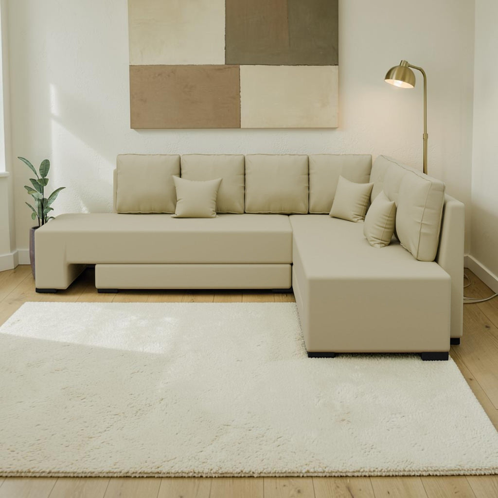 Homecrest Merrow beige velvet L-shape sofa bed with a solid wood frame in a modern living room setting.