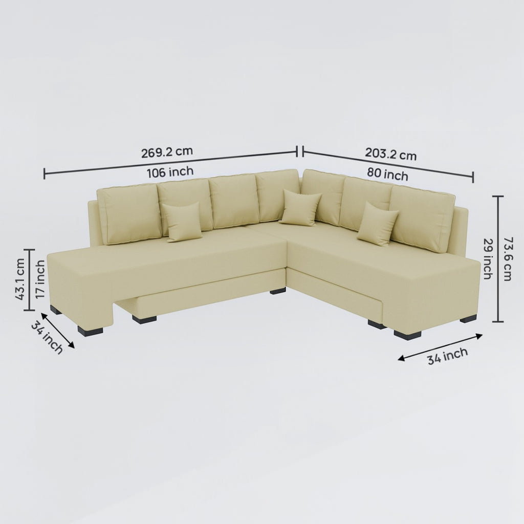 Homecrest Merrow beige velvet L-shape sofa bed with dimensions shown on a clean white background