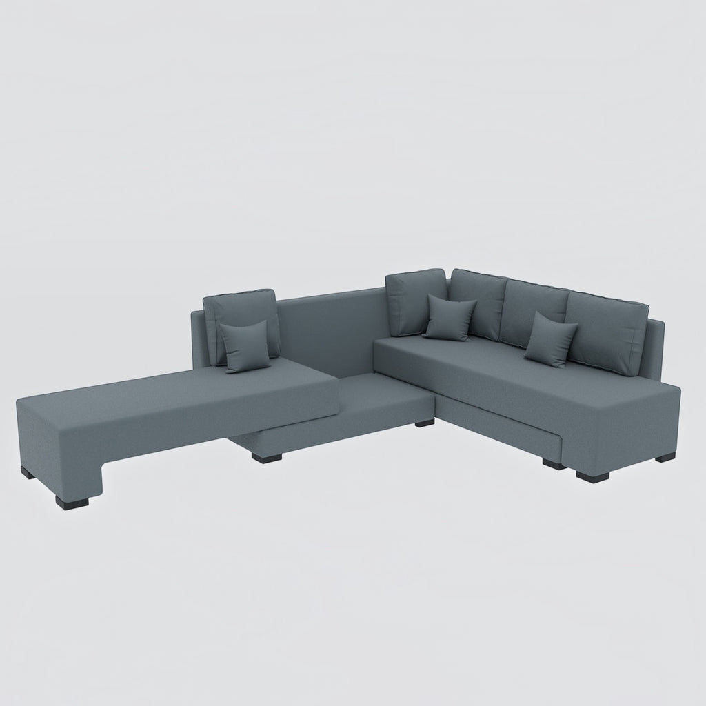 Homecrest Merrow L-shape sofa bed in dark grey premium velvet with a solid wood frame and matching scatter cushions.
