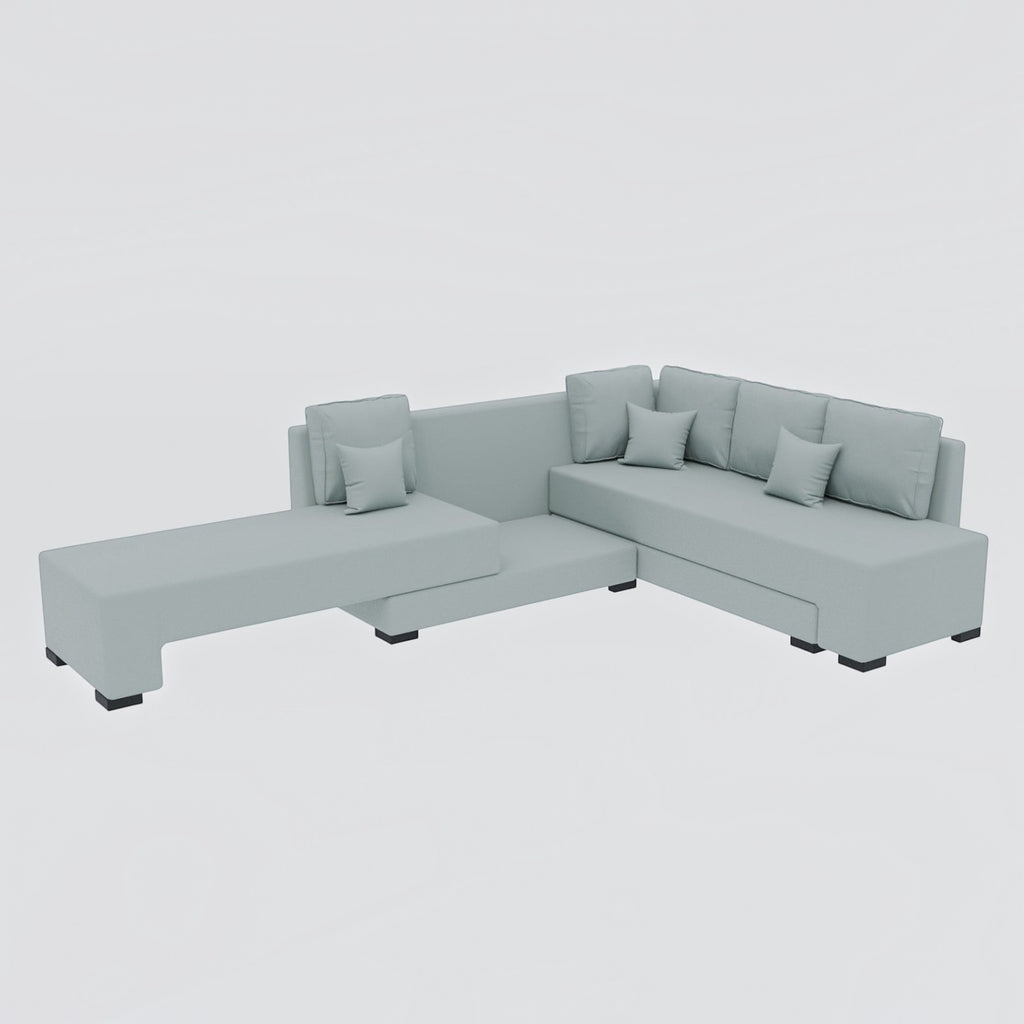 Homecrest Merrow L-shape sofa bed in light grey velvet with a lounger and matching throw pillows on a white background
