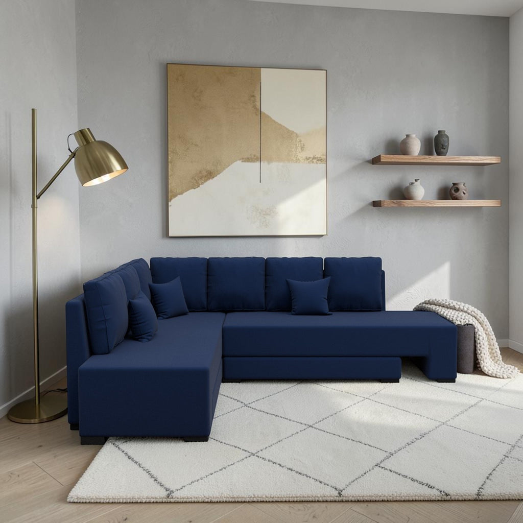 Homecrest Merrow navy blue velvet L-shape sofa bed with lounger in a modern living room setting