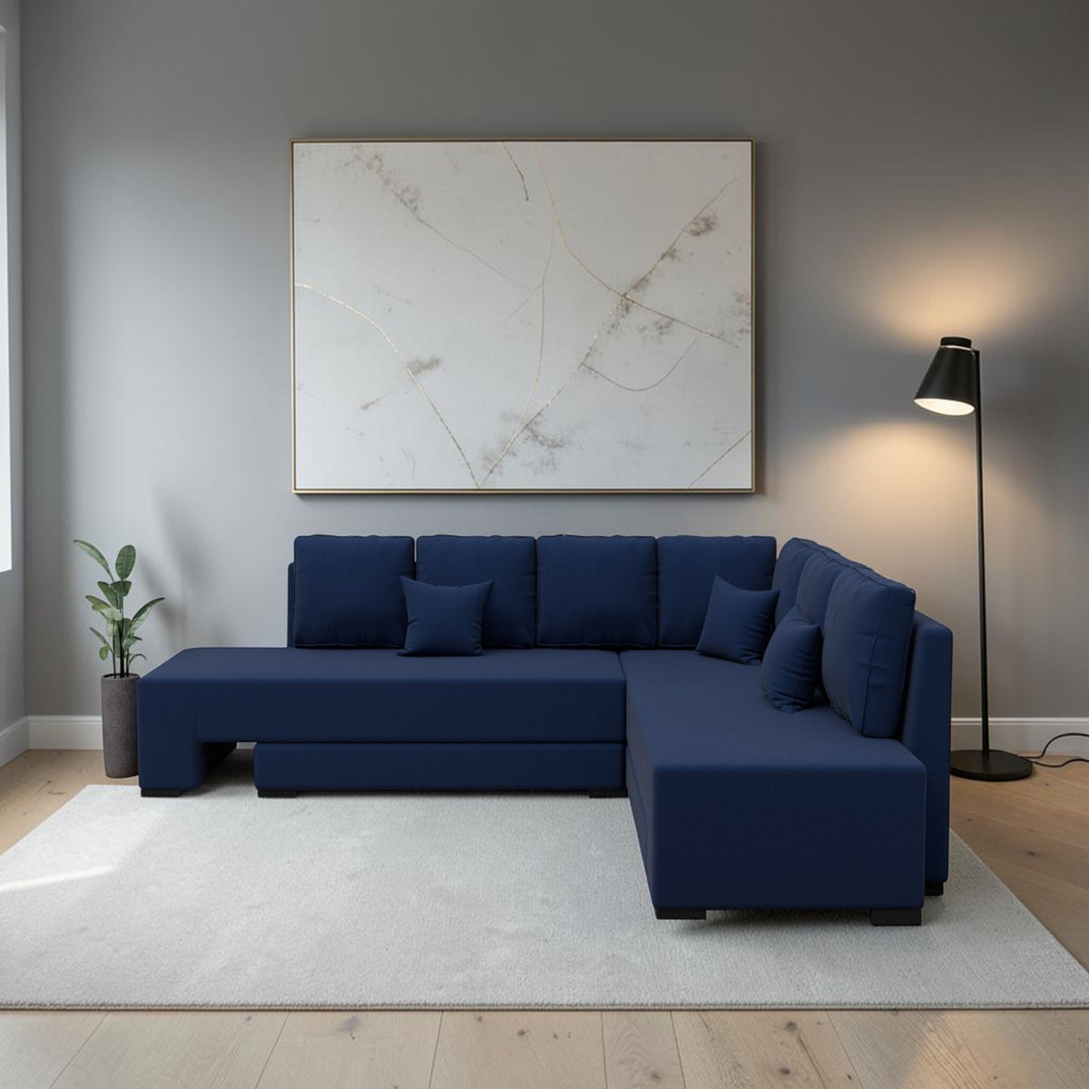 Homecrest Merrow navy blue velvet L-shape sofa bed with lounger in a modern living room setting