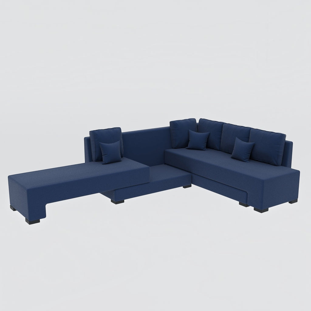 Homecrest Merrow navy blue velvet L-shape sofa bed with a lounger and matching scatter cushions on a white background