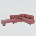 Homecrest Merrow pink velvet L-shape sofa bed with a lounger section and matching scatter cushions on a white background