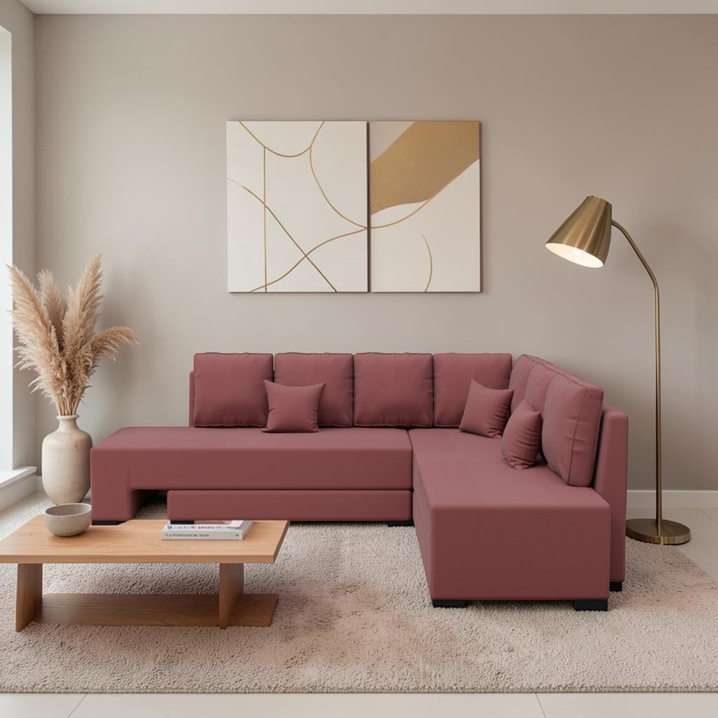 Homecrest Merrow pink velvet L-shape sofa bed with a lounger in a modern living room setting