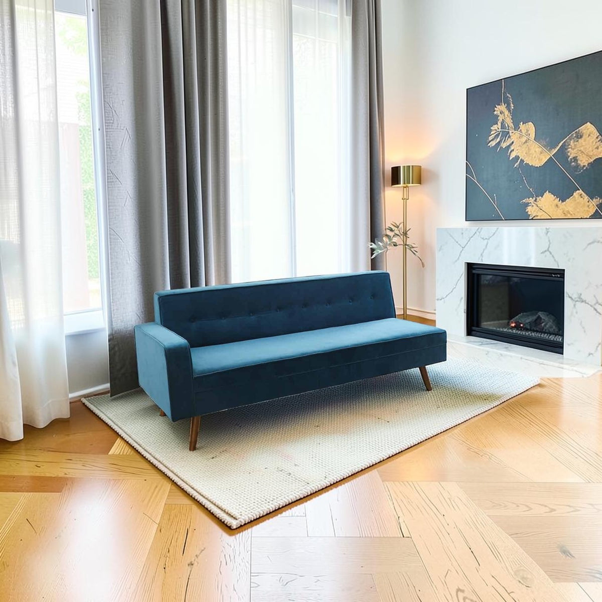 Homecrest mid-century button-down sofa in deep blue velvet, featuring tapered teak wood legs in a bright living room.