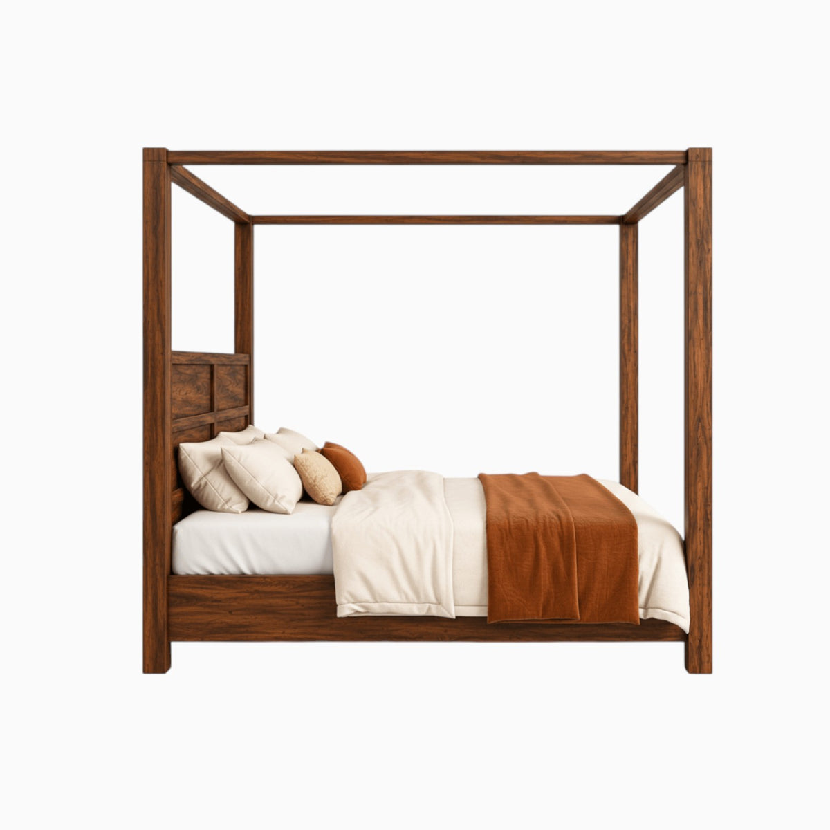 Homecrest modern canopy bed in dark wood with a panelled headboard, styled with cream and rust-colored bedding.